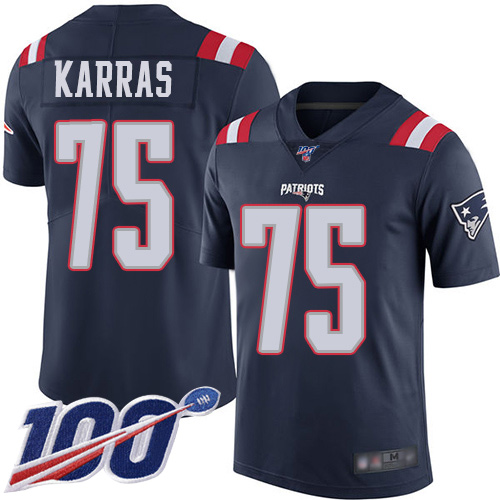 New England Patriots Football #75 100th Season Rush Vapor Limited Navy Blue Men Ted Karras NFL Jersey->youth nfl jersey->Youth Jersey